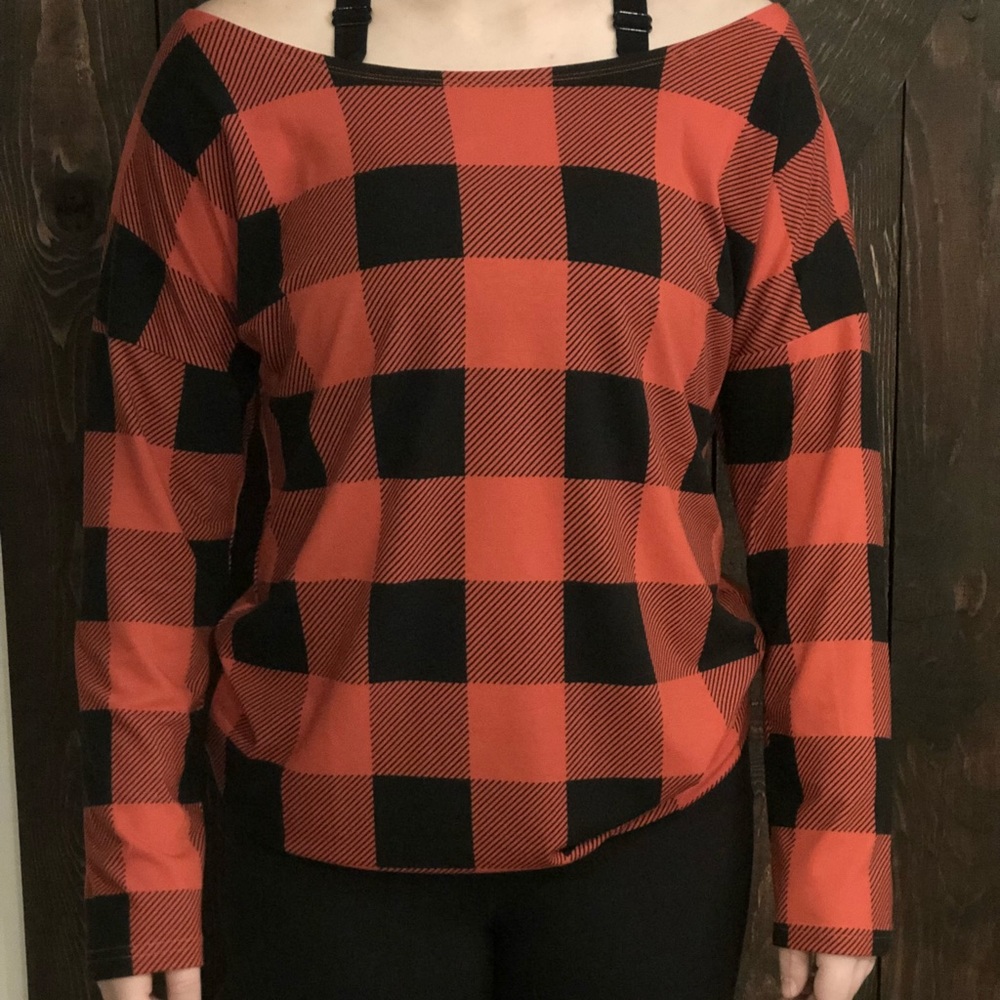 Women’s Off the Shoulder Long Sleeve Buffalo Plaid